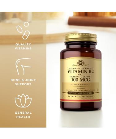 Solgar Naturally Sourced Vitamin K2 (MK-7) 100 mcg - 50 Vegetable Capsules, Pack of 4 - Supports Bone Health - Whole Food Source from Natto Extract - Non-GMO, Gluten Free - 200 Total Servings - Buy Online on GoSupps.com