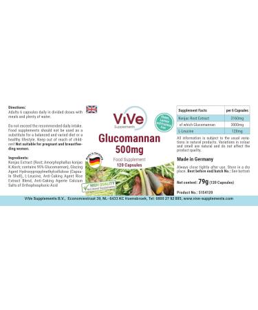 Glucomannan 500mg - 120 Vegan Capsules | Konjac Root Extract | Natural Fiber Supplement | Quality from Germany - Vive Supplements - Buy Online on GoSupps.com