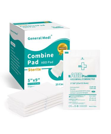 Sterile Abdominal (ABD) Combine Pads - 25 Count 5 x 9 Individually Wrapped Abdominal Pads First Aid Pads - Absorbent & Thick