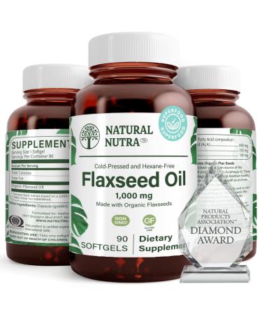 Natural Nutra Organic Flaxseed Oil Softgels, Omega 3 6 9, Hair Growth, Weight Loss Support, Immune System, Cardiovascular Health Supplement, Flush Harmful Toxins, 1000 mg, 90 Capsules 90 Count (Pack of 1)