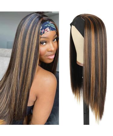 Headband Wig Highlights Straight Synthetic Headband Wigs For Black Women Brown Mix Blonde Highlighted Headband Wigs 24inch Silky Straight Glueless Wig With Head Band Attached for Daily Use 24 Inch (Pack of 1) Brown highlight