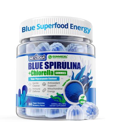 Organic Blue Spirulina Gummies, High Phycocyanin from Nutrient-Rich Blue-Green Algae for Antioxidants, Cellular Energy & Cleanse, Superfood w/Chlorella, CoQ10 & VC,Taurine,Green Tea, Sugar Free, 60 Ct 60 Count (Pack of 1)