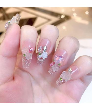 10pcs Pink Rose Flower Coffin Fake Nail Pink Flower 3D Press on Nails Valentine's Day Nails Luxurious Nails Acrylic Nails Fake Nails For Women Girls