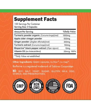 Premium Turmeric Curcumin with Ginger & Apple Cider Vinegar Supplement - 1960mg, 300 Capsules - Joint Pain & Inflammation Relief with Black Pepper for Enhanced Absorption - Buy Online on GoSupps.com