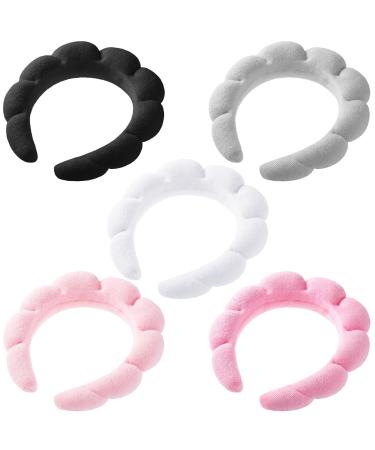 5 Pcs Puffy Spa Headband Terry Towel Cloth Fabric Head Band Thick Headbands for Women Sponge Padded Headband Head Band for Skin Care Makeup Hair Accessories Cute Hairbands Hair Bands (Multicolor)