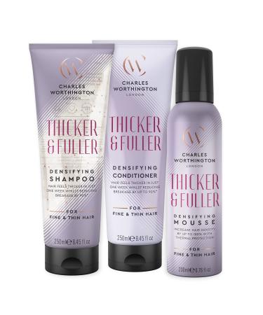 Charles Worthington Thicker and Fuller Regime Bundle Shampoo Conditioner and Thickening Mousse Haircare Routine for Fine Hair