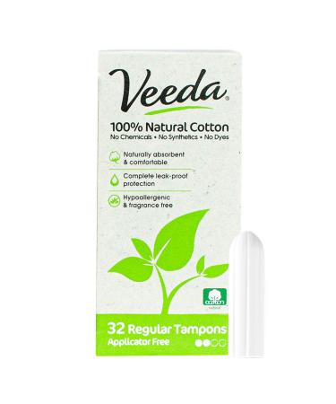Veeda 100% Natural Cotton Applicator Free Regular Tampons Unscented 32 Count 32 Count (Pack of 1)