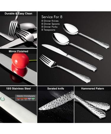 Cutlery Set 32-Piece Stainless Steel Hammered Flatware Sets Include Knife/Spoon/Fork Suitable for Kitchen Party Camping Dishwasher Safe - Service for 8 Fork and Spoon HUAN TAI - Buy Online on GoSupps.com