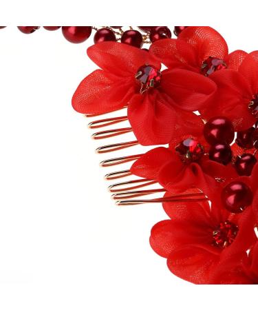 Frcolor Handmade Bridal Hair Flower Side Comb Barrette Headpiece with Tulle Flower Wedding Accessories Red - Buy Online on GoSupps.com