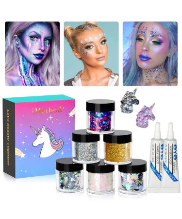 iMethod Body Glitter - 6 Jars Holographic Cosmetic Face Glitter, for Festival & Halloween Alien Makeup Body Glitter B