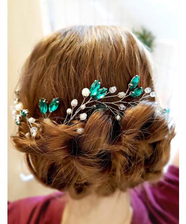 BERYUAN Women Pearl Hair Vine Emerald Green Crystal Leaf Hair Band Piece Silver Headpiece Wedding Hair Accessory Gift for Her Party Headress for Bride Bridesmaid Girls (style 1)