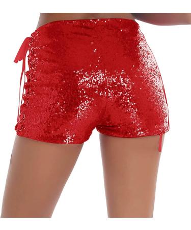Duohropke Women s Metallic Hot Pants Sequin Glitter High Waist Shorts for Dance Sport Disco & Carnival Red - Buy Online on GoSupps.com