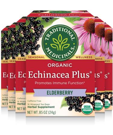 Traditional Medicinals - Organic Echinacea Plus Elderberry Herbal Tea (Pack of 6) - Help Fight off Respiratory Tract Infections - 96 Tea Bags Total Echinacea Plus Elderberry 16 count (Pack of 6)