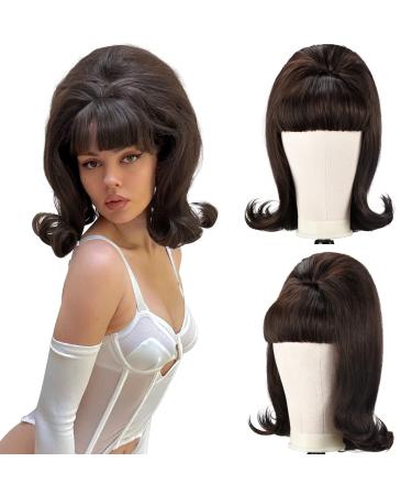 LONAI Retro Brown Wig 50s 60s 70s Wig with Bangs for Women Synthetic Hair for Halloween Costume Party 60s Dark Brown wig