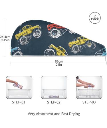 Monster Trucks Comic Style Hair Towel 2 Pack - Super Absorbent Quick Dry Hair Turbans for Women & Girls - Buy Online on GoSupps.com