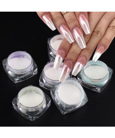 Pearl Chrome Nail Powder Set - 6 Colors Aurora Powder Mermaid Effect for Nails Iridescent Nail Glitter Shimmer White Rubbing Dust Nail Pigment Set Manicure Nail Art Decorations (Y451-459)