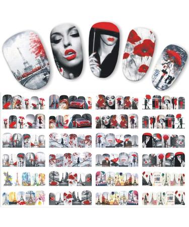 12 Sheets Nail Art Stickers Water Transfer Decals - Romantic Valentine Paris Eiffel Pattern Design - Trendy Marvel Lip Nail Wraps for Women and Girls Manicure - Buy Online on GoSupps.com