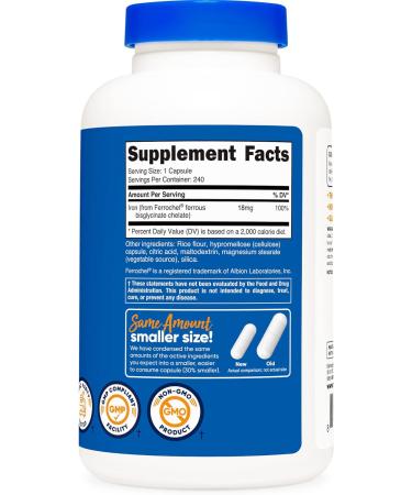 Nutricost Ferrochel Iron Supplement 18mg - 240 Capsules | Non-GMO & Gluten Free - Buy Online on GoSupps.com