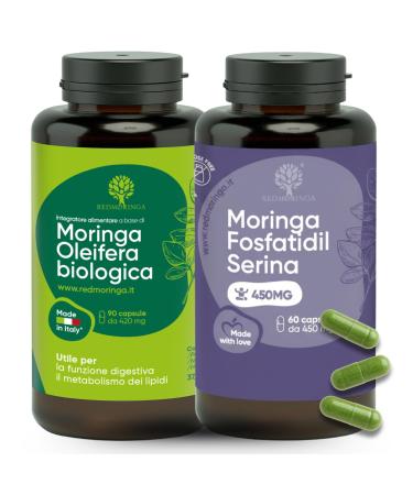 RedMoringa LOW CORTISOLO Phosphatidylserine 450 mg + Moringa Oleifera Organic | For Cortisol Lowering Stress Belly | Memory Supplement and Concentration | 150 Vegetable Capsules Made in Italy |