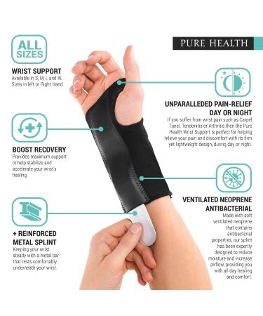 Pure Health Premium Wrist Support Brace - Relieves Carpal Tunnel, Sprains, Tendonitis & RSI - Adjustable Compression for Men & Women (M Right) - Buy Online on GoSupps.com