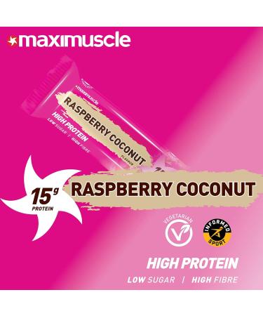 Maximuscle Protein Bars | High Fibre Low Sugar Healthy Snacks with 15g of Protein & Under 175 Calories per Serving | Raspberry Coconut 12 x 45g - Buy Online on GoSupps.com