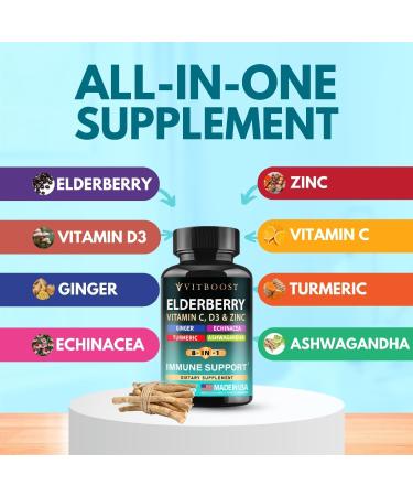 Elderberry Immune Support Supplement 8-in-1 Formula with Echinacea Vitamin C & Zinc Vitamin D 5000 IU Turmeric Ginger Ashwagandha 60 Capsules 60 Capsules (Pack of 1) - Buy Online on GoSupps.com