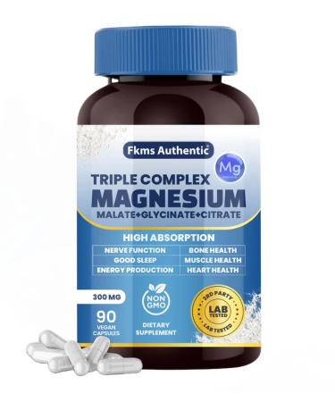 Triple Magnesium Complex Supplement 300mg | 3 in 1 Magnesium Glycinate Malate and Citrate | Vegan Non-GMO | High Absorption | 90 Capsules