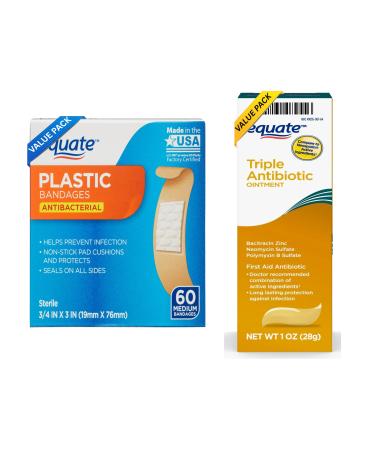 Equate First Aid Triple Ointment 1 oz & Medium Plastic Bandages 60 Count Bundle Value Pack 2 items 2.5