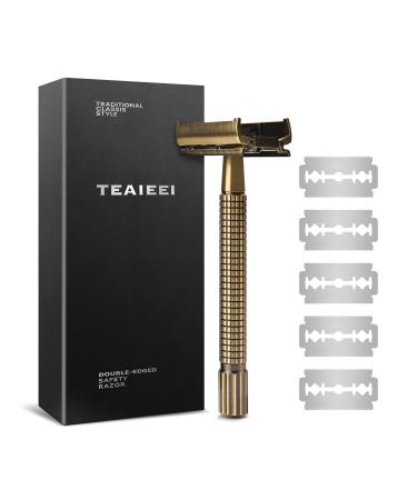 Safety Razor with Chrome Plated Handle Single Blade Razors for Men with 5 Replacement Blades Long Handle Double Edge Safety Razor Bronze