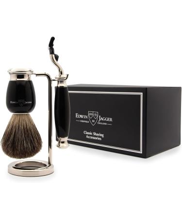 Edwin Jagger Classic Shaving Set - Ebony & Nickel Pure Roof Brush 3 Razors for Cream/Soap | Luxury Grooming for Men & Women - Buy Online on GoSupps.com