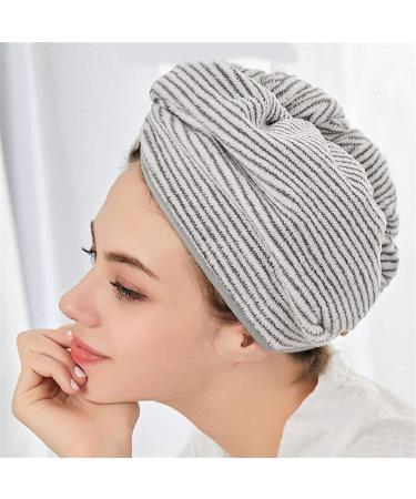 Quick-Drying Bamboo Microfiber Hair Turban Towel Wrap - Gray Striped Superabsorbing Anti-Frizz Shower Cap - Buy Online on GoSupps.com