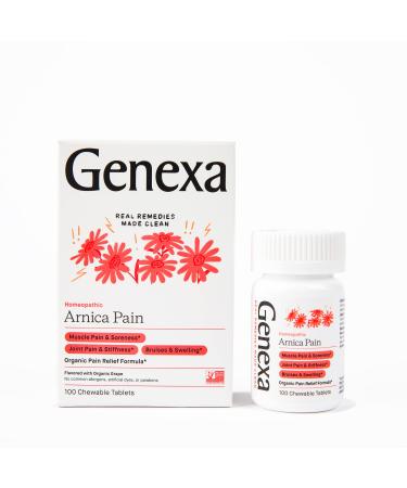 Genexa Arnica Pain Relief Remedy - 100 Chewable Arnica Tablets - Certified Vegan, Organic, Gluten Free & Non-GMO - Homeopathic Remedies