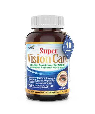 Herba Vision Care Supplement - Eye Vitamins with Lutein and Zeaxanthin 60 Capsules | Eye Health Supplements for Sight Care | Selenium Bilberry Blueberry and More | Eye Vitamins for Macular Degeneration and Vision Support | Made in Canada