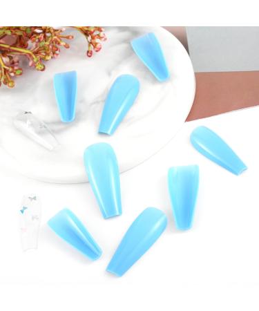 Sethexy Long Glossy Ballerina False Fingernails - Blue French Coffin Art Nail Tips | 24 Full Cover Press-On Nails with Butterfly Design for International Shipping - Buy Online on GoSupps.com