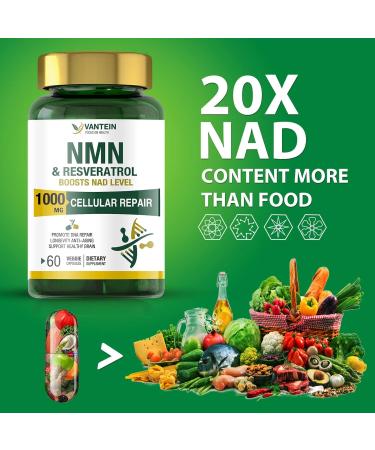 Vantein NAD+ Resveratrol Supplement 1000mg 2 Pack (120 Capsules) - Anti-Aging and Skin Health Support - Buy Online on GoSupps.com