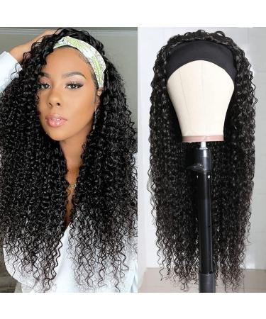 Headband Wig Human Hair Kinky Curly Headband Wigs for Black Women Human Hair Wigs Glueless 18 Inch None Lace Front Wigs Brazilian Kinky Curly Virgin Hair Wear and Go 150% Density Wig Natural Black Color