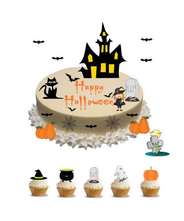 edible Halloween Scary Haunted House Stand Up Scene Made from Edible Wafer Card Perfect for Decorating Your birthday and Halloween Cakes- childrens kids party Standing Cupcake Cake Toppers 25 pieces