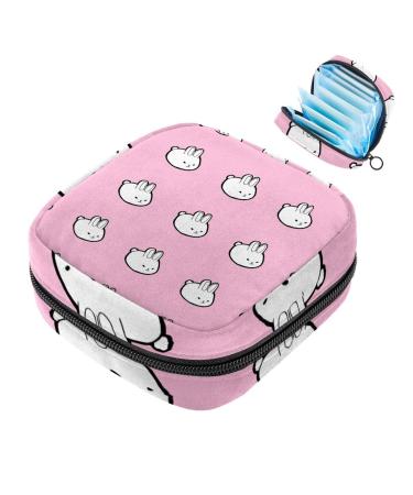 Menstruation pad bag with zipper women's napkin bag tampons collective bags for women and girls (white cute rabbits pink background)