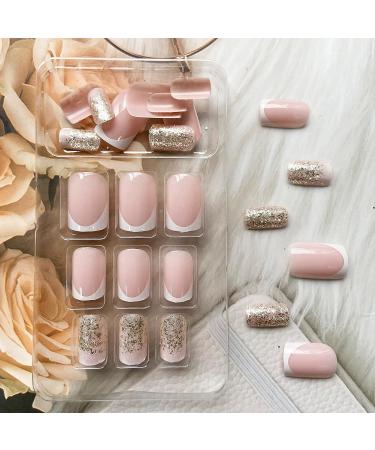 Glitter Acrylic French Tip Press On Nails - Square False Nails with Cute Designs - Medium White Full Cover Stick On Nails for Women - Manicure Decoration - Style 6 - Buy Online on GoSupps.com