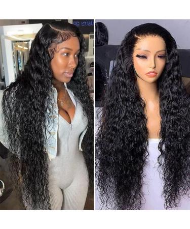 Maxine 34 Inch 180 Density DEEP Wave Lace Front Wig Human Hair Pre Plucked 13x4 Water Wave HD Lace Front Wigs 13x4 HD Transparent Wet and Wavy Lace Front Wigs Brazilian Virgin Human Hair 34 Inch Natural Black 13x4 Water ...