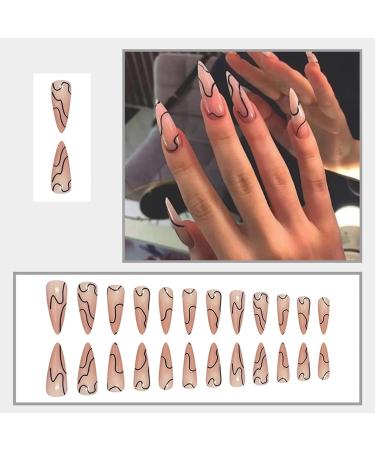 NICENEEDED Long Almond Press on Nails Nude Fake Nails Black Line Full Cover False Nails with Deisgns Glossy Acrylic Stiletto Nails Glue on Nails for Women Girls Nails Art - Buy Online on GoSupps.com