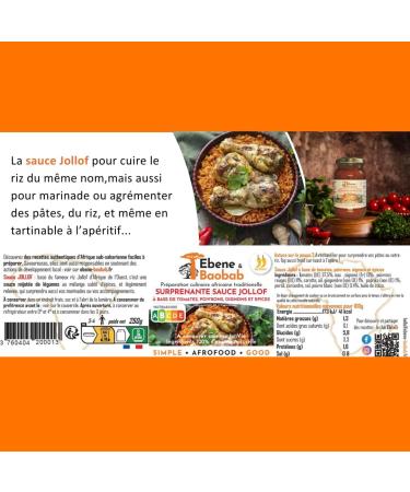  EBENE&BAOBAB Ebene&Baobab - Jollof sauce for barbecue starchy or vegetables stewed tomatoes vegetables condiments and spices - for 3 to 4 people without chili pepper Set x 3 Jars 250 g net cooked in - Buy Online on GoSupps.com