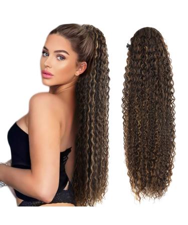 Drawstring Ponytail Extension 30 inch Long Curly Ponytail Hair Extension Synthetic Hairpiece for Women(Mix8/10# 30 inch) 30inch-Mix8/10#