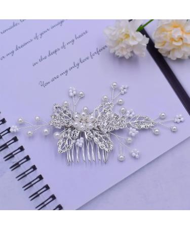 Bridal Rhinestone Pearl Silver Crystal Flower Hair Clip Comb | Wedding Headpiece for Women Girls Bridesmaid - Buy Online on GoSupps.com