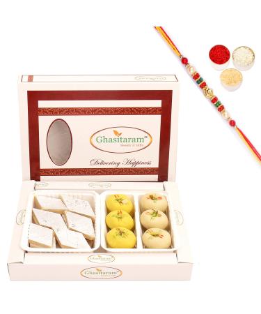 Ghasitaram Gifts Rakhi Gifts for Brothers Rakhi Sweets - Box of Kaju Katli and Mawa Peda with Pearl Beads Rakhi Box of Kaju Katli and Mawa Peda with Rakhi