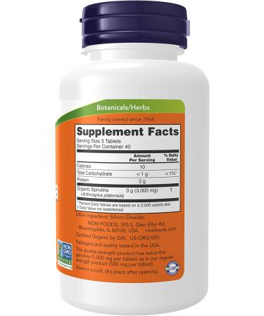 Now Foods Certified Organic Spirulina 1000 mg - 120 Tablets | Superfood for Energy & Nutrition - Buy Online on GoSupps.com