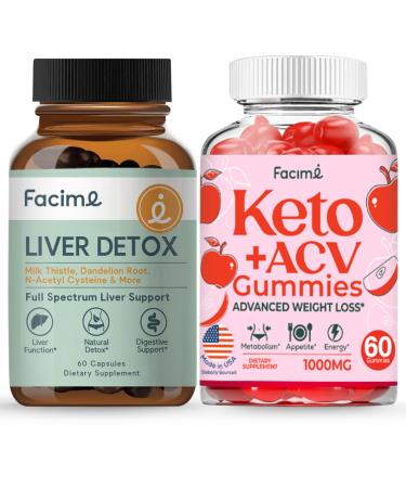 Facime Bundle of Liver Cleanse Detox & Repair - Herbal Liver Support with Milk Thistle and Premium Keto ACV Gummies for Liver and Gut Detox