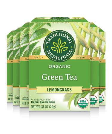 Traditional Medicinals Organic Green Tea, Mildly Invigorating, 16, Lemongrass,16 Count (Pack of 6) Green Tea Lemongrass 16 Count (Pack of 6)