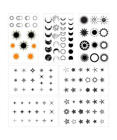 Sun Moon Star Temporary Tattoos - 7 Sheets, 100+ Minimalist Cute Black Designs, Fake Tattoo Stickers for Kids & Women - Buy Online on GoSupps.com