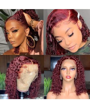 99J Lace Front Bob Wig Curly Wigs Wet and Wavy Brazilian Remy Hair Unprocessed Human Hair Wigs Pre Plucked With Baby Hair Lace Frontal Wigs With Natural Hairline Wine Red 14 Inch 14 Inch 99j Curly 13x4 lace frontal bob wigs